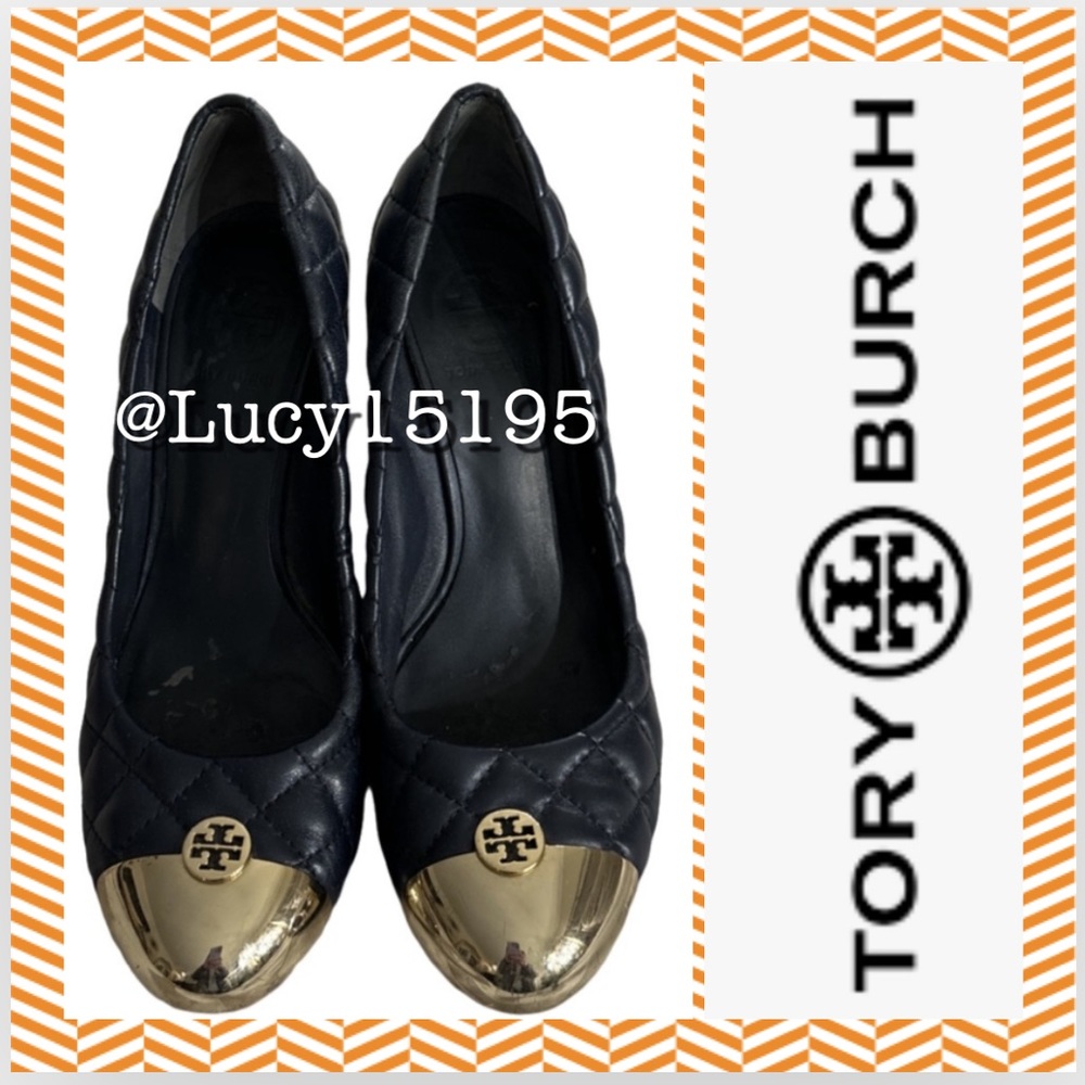 Tory Burch Kaitlin Navy Leather Wedges With Gold Metal Cap Toe
